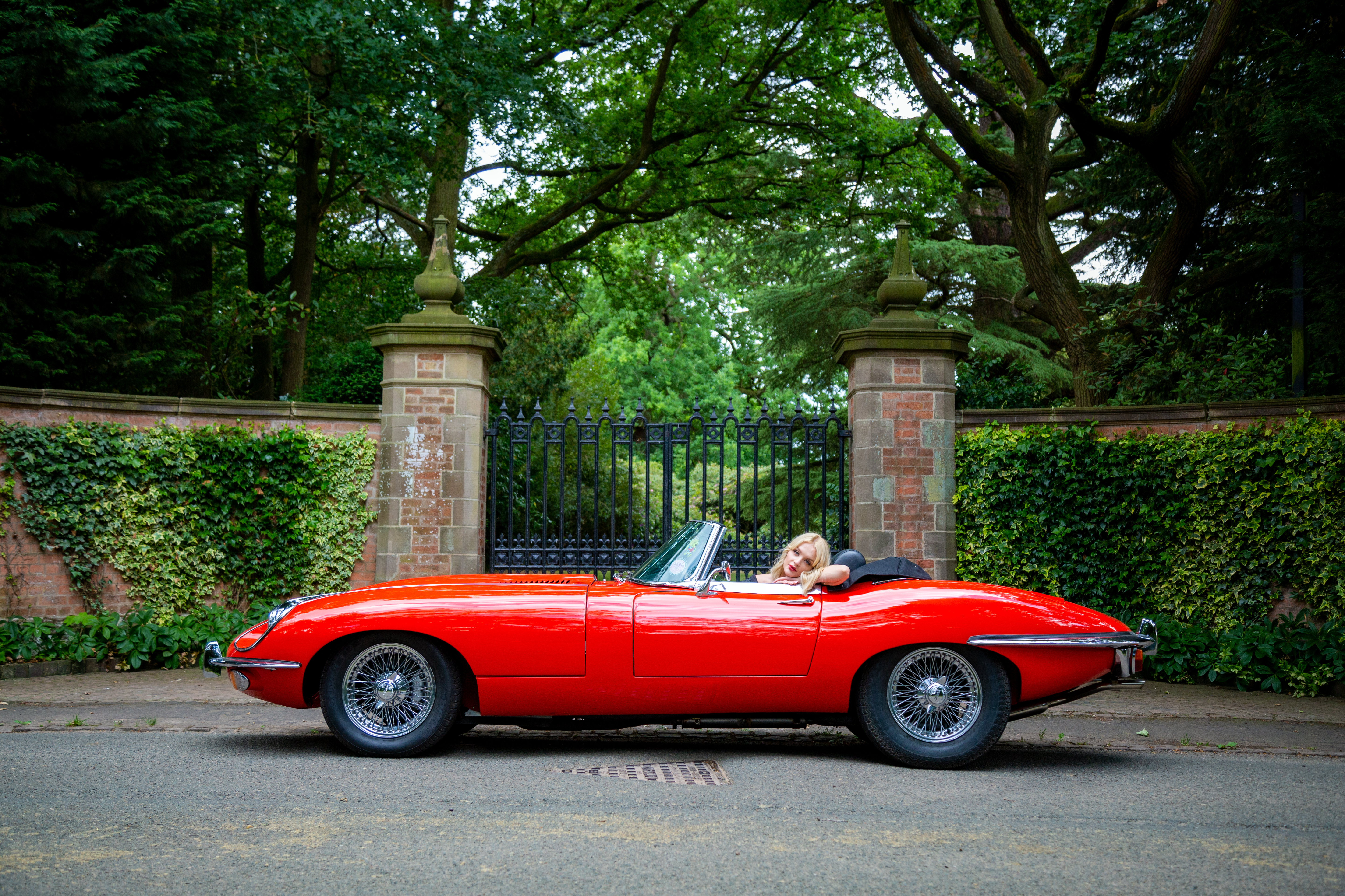 Roter Jaguar vor dem Tor